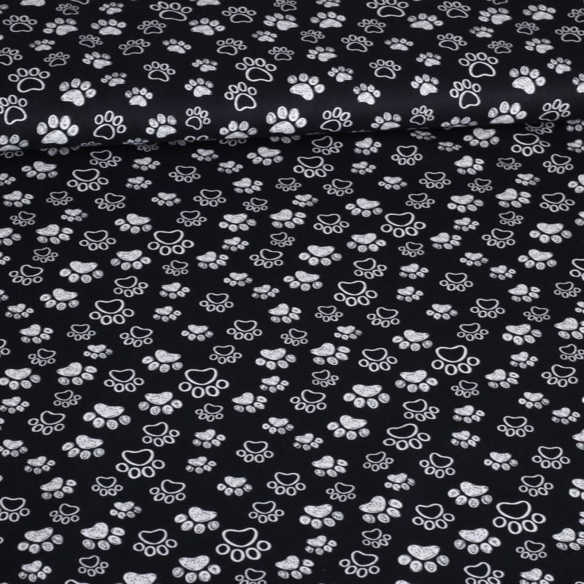 Poplin fabric dog paws black white