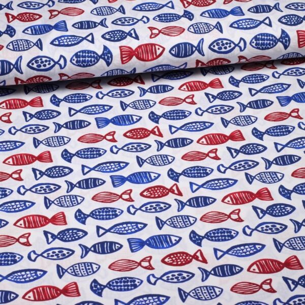 Poplin fabric fish blue/red