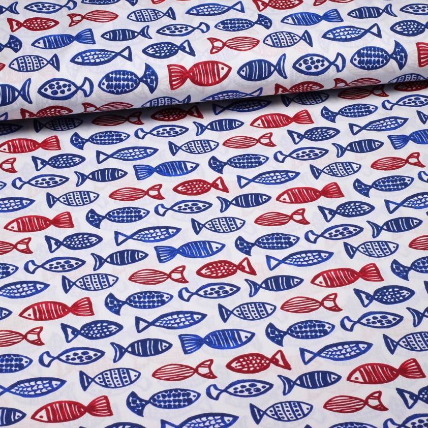Poplin fabric fish blue/red