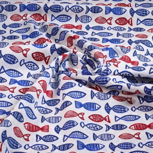 Poplin fabric fish blue/red