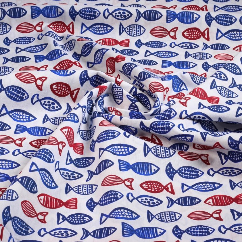 Poplin fabric fish blue/red