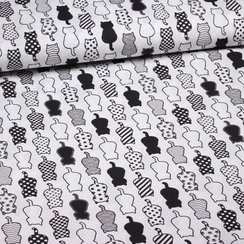 Poplin fabric cats black white