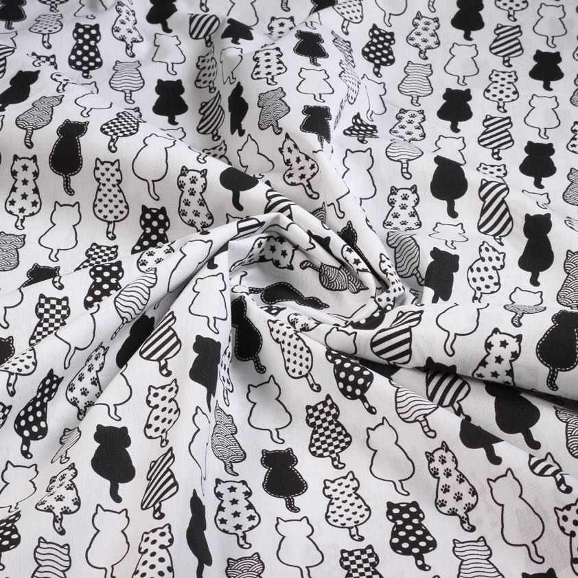 Poplin fabric cats black white