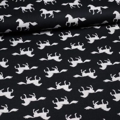 Poplin fabric horses black white