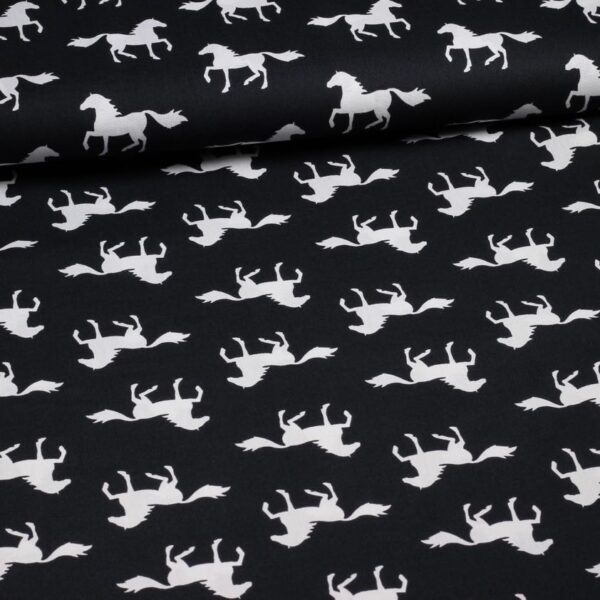 Poplin fabric horses black white