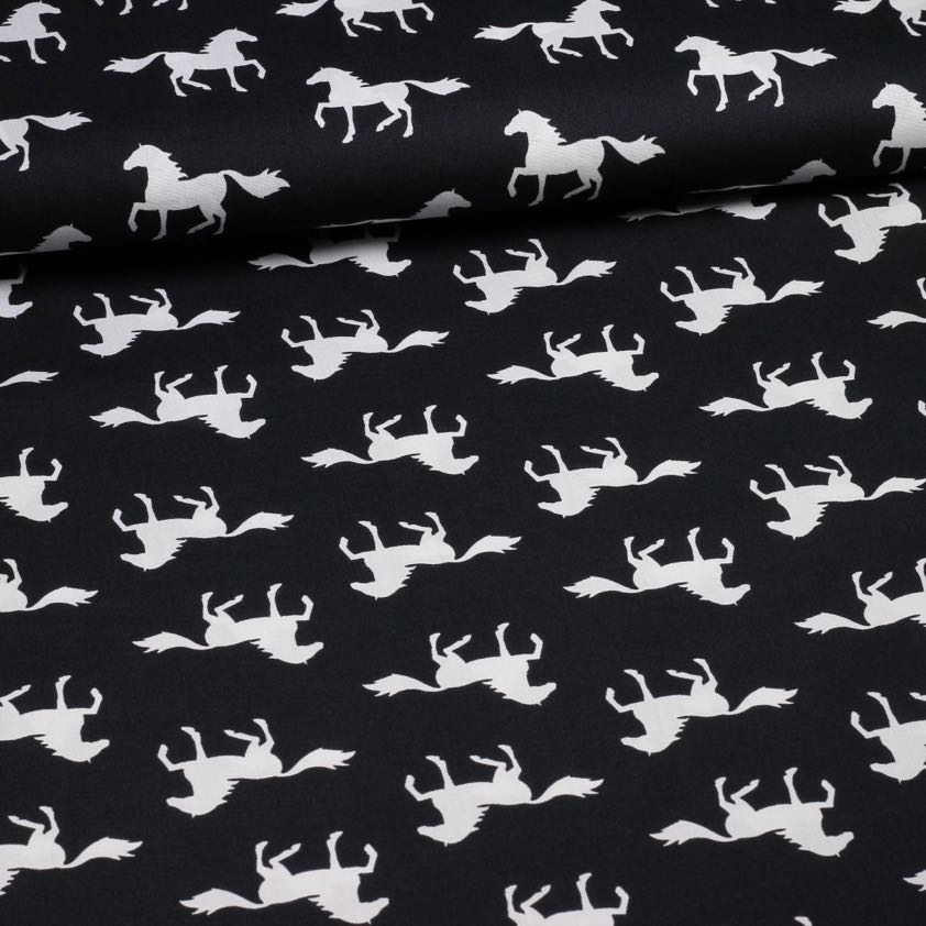 Poplin fabric horses black white