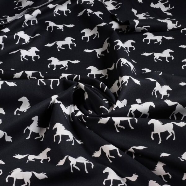 Poplin fabric horses black white