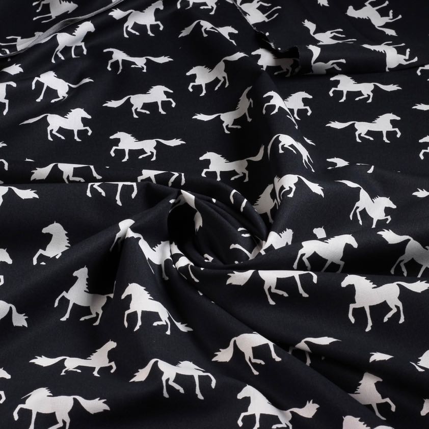 Poplin fabric horses black white